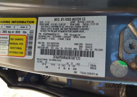 2013 Ford Fusion Se из США, поврежденный, VIN 3FA6P0HR6DR187121